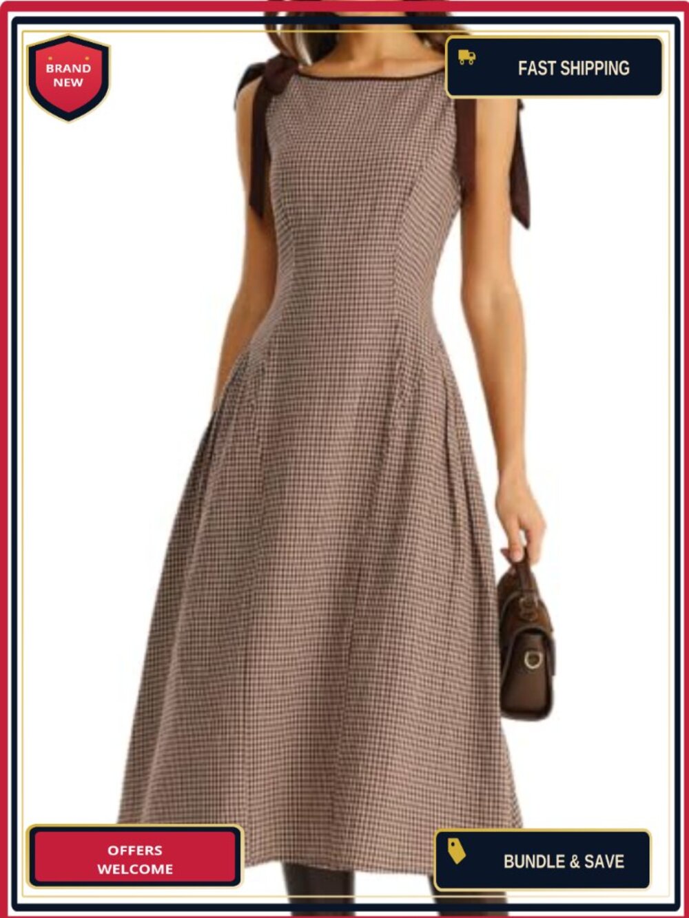 Women's Cotton Plaid Gingham Midi Dress Casual Summer A-line Sleeveless